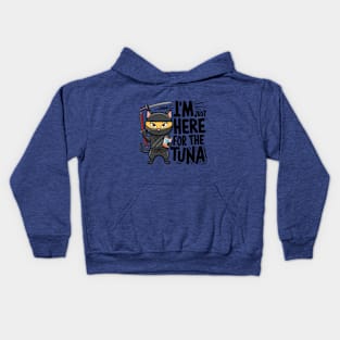 One design features a sneaky ninja cat with a katana in one hand and a can of tuna in the other. (4) Kids Hoodie